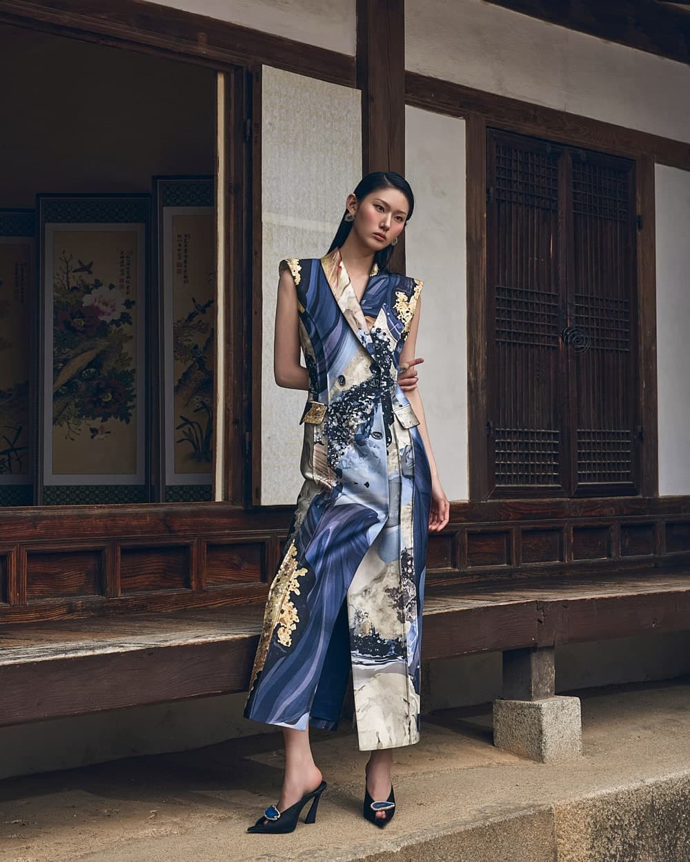 Robe en laine et soie (imprimé bleu) — vue 8