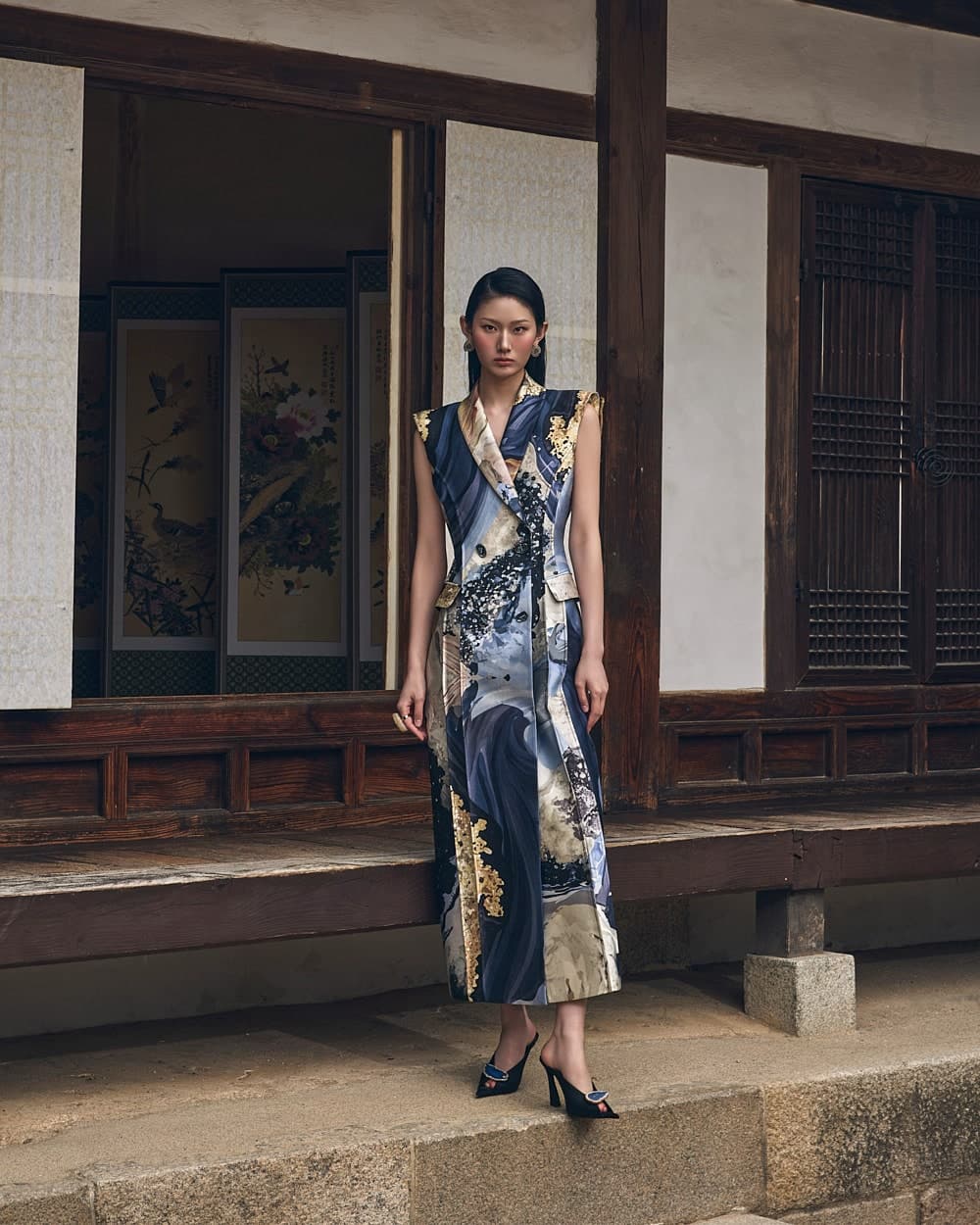Robe en laine et soie (imprimé bleu) — vue 1