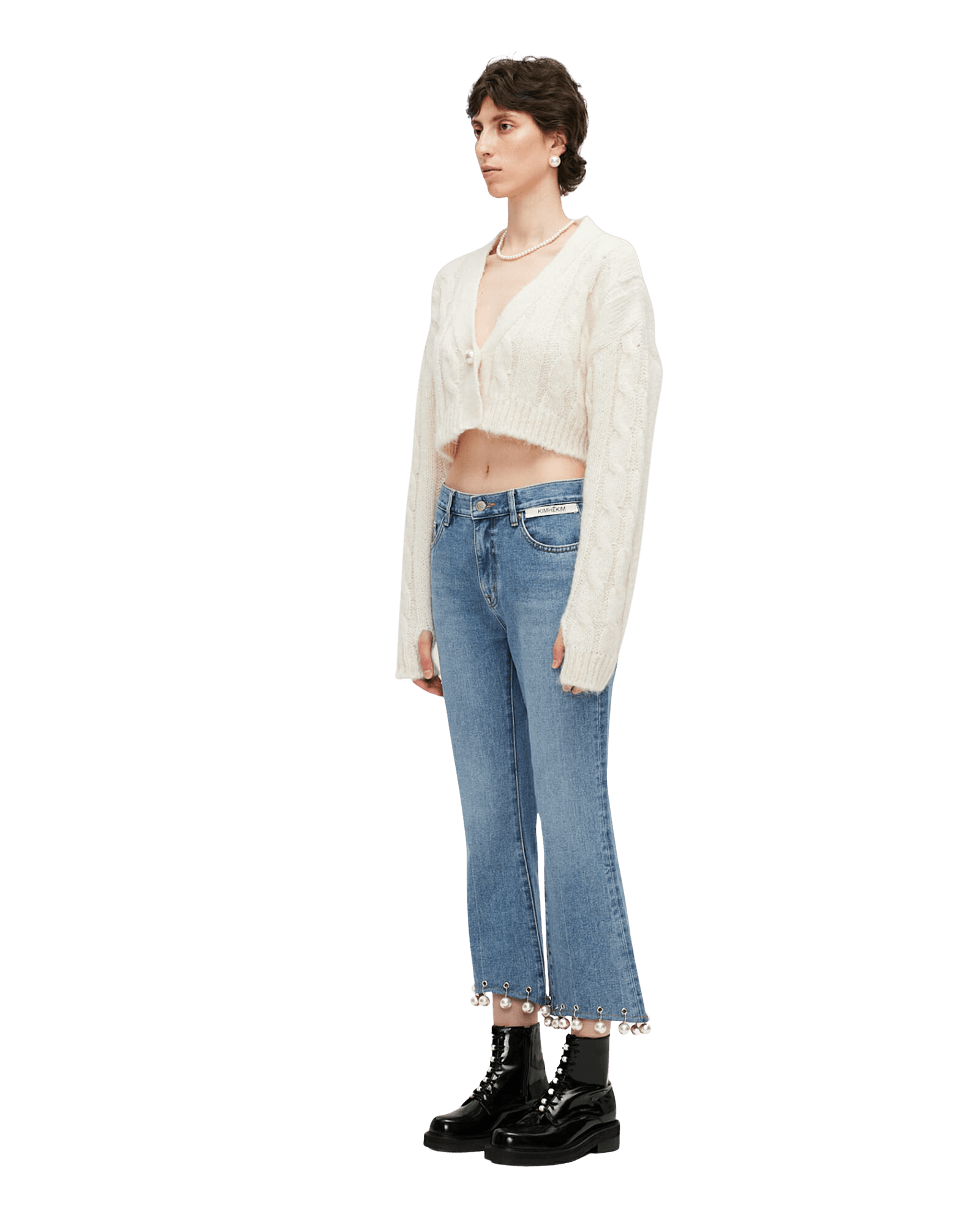 Pearl Trimmed Cropped Denim Pants (Sky Blue) — vue 2