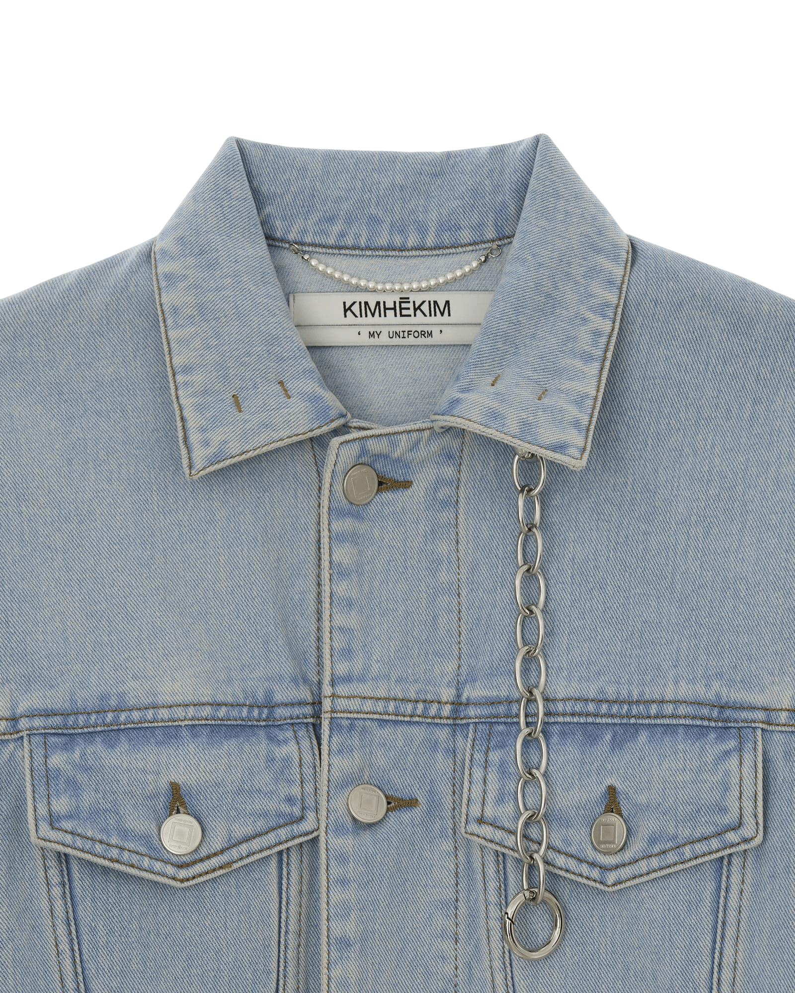 Detachable Chain Embellished Denim Jacket (Sky Blue) — vue 3