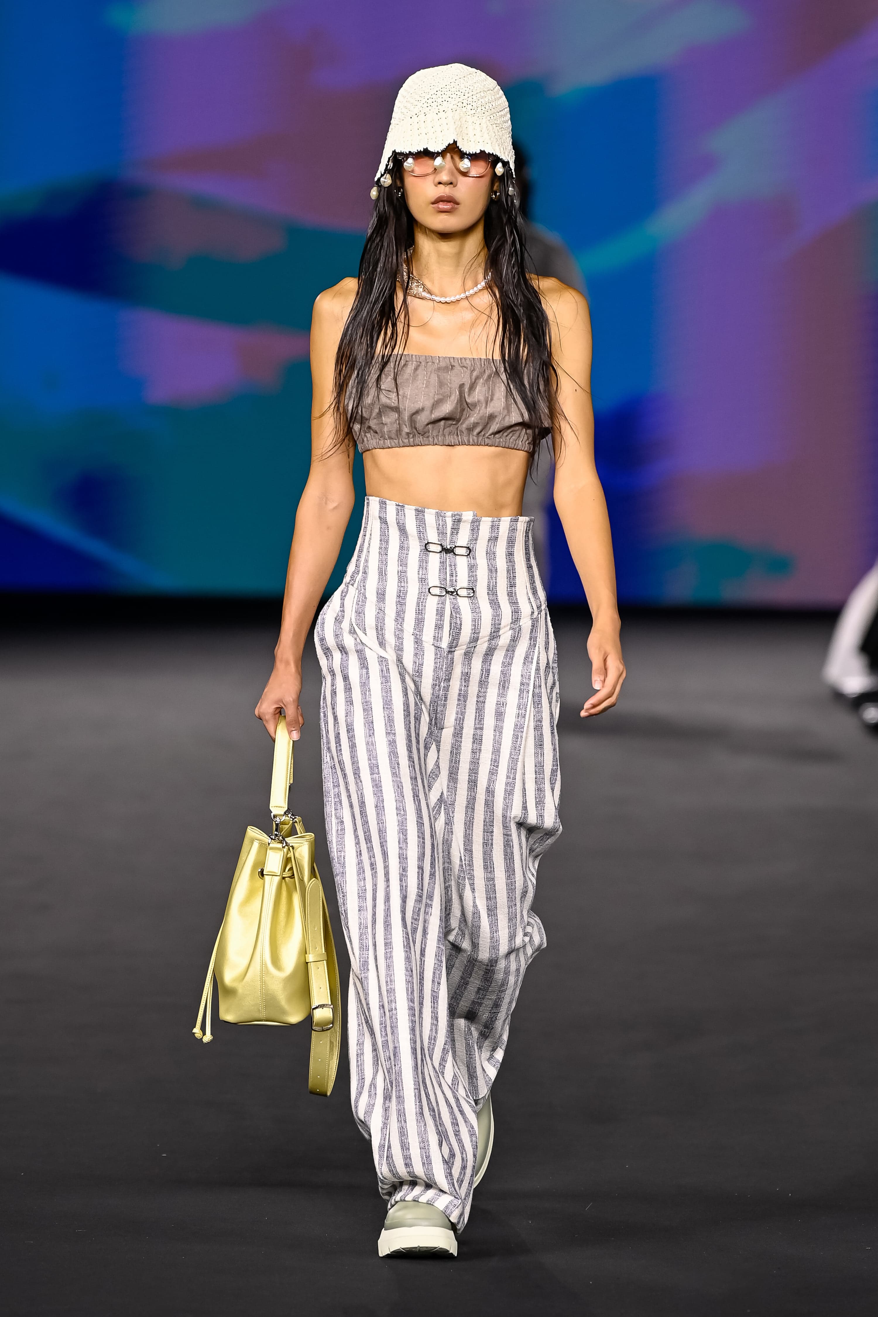 26SS Gray Striped Pattern High Waist Long Pants — vue 1