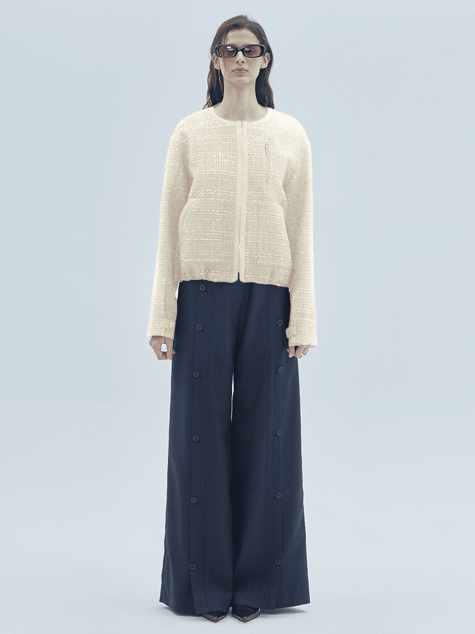 Tweed Contrast Zip-Up Jacket Ivory — vue 1