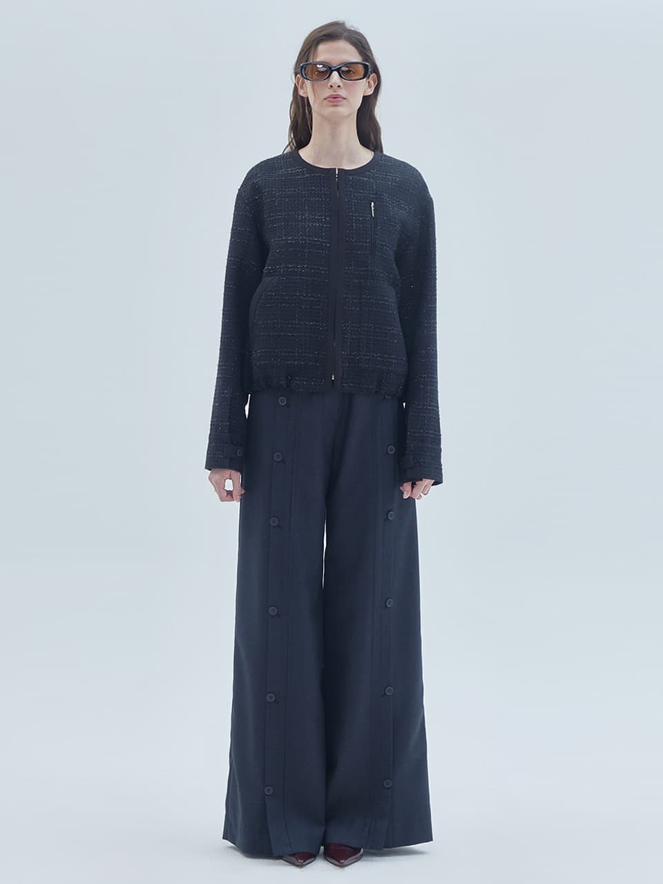 Tweed Contrast Zip-Up Jacket Black — vue 1
