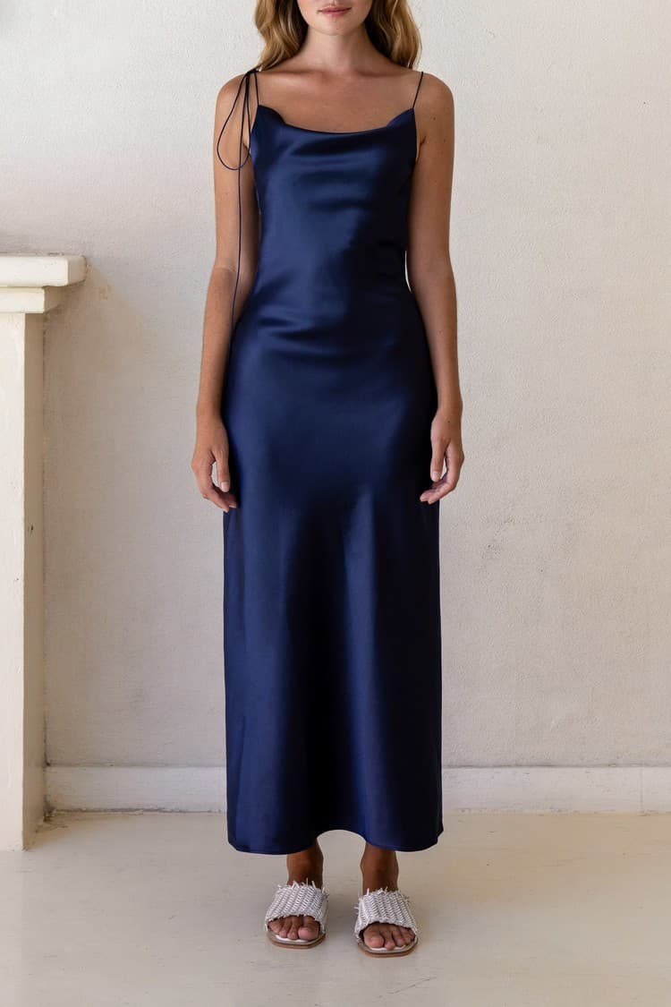 Kristen Navy Satin Slip Dress — vue 3
