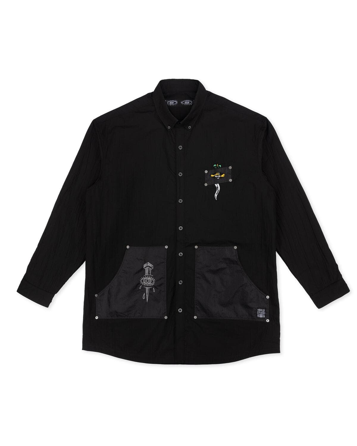 Pleated Signature Out-Pocket Shirt (Black) — vue 4