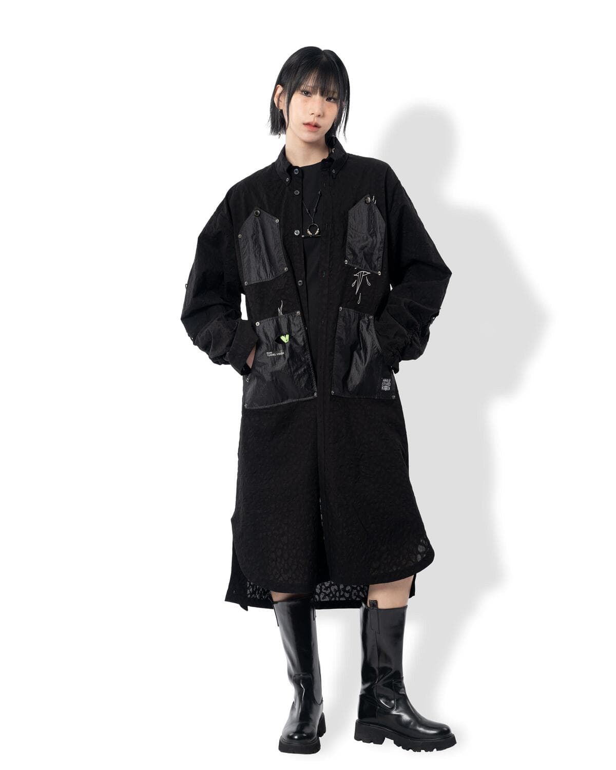 Leopard Shirring Long Shirt Jacket (Black) — vue 7