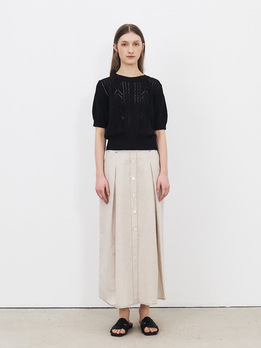 TFR LINEN STITCH BUTTON SKIRT_BEIGE — vue 1