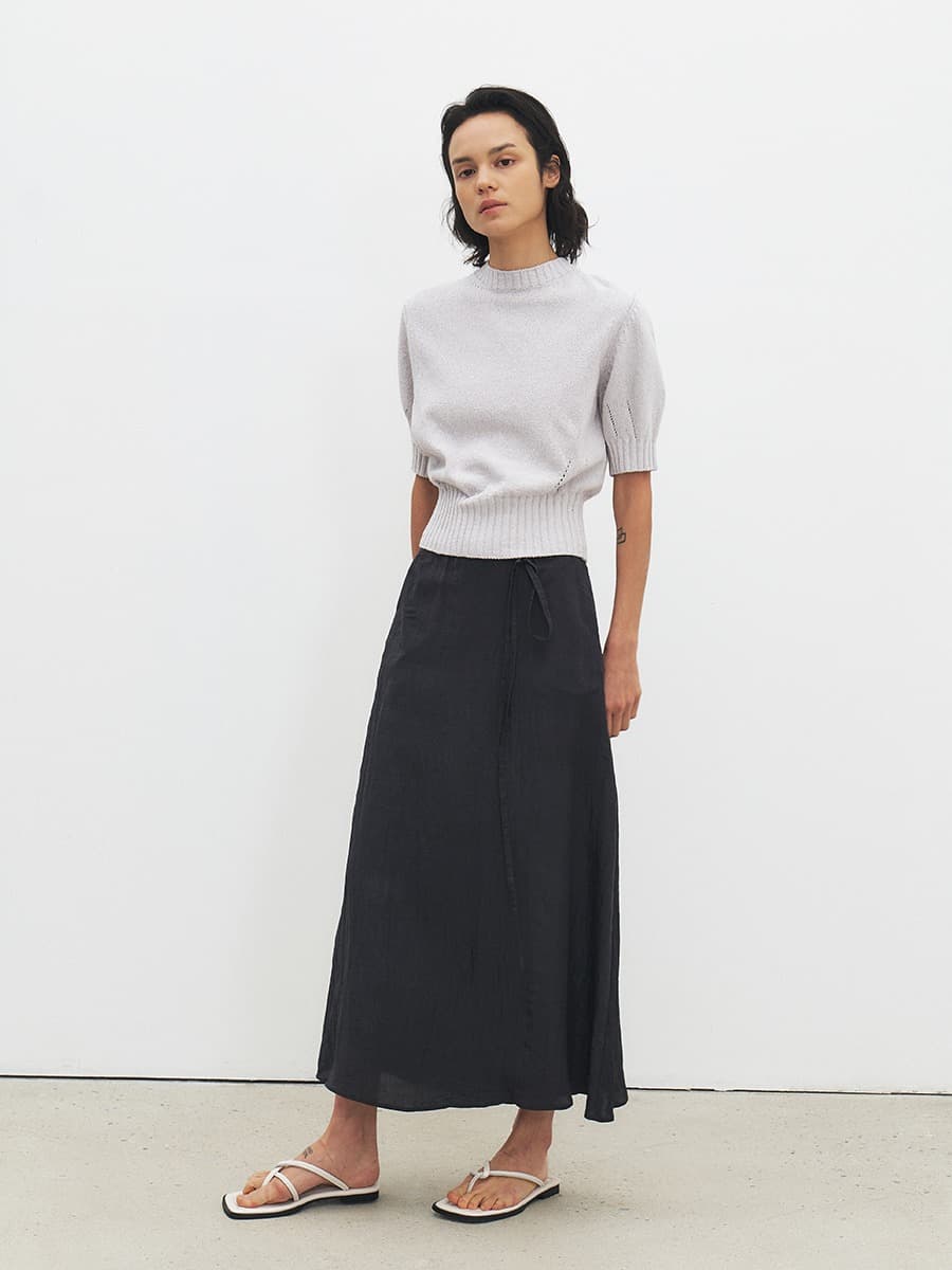 TFR CREASED SHEEN FLARE SKIRT_D-NAVY — vue 1
