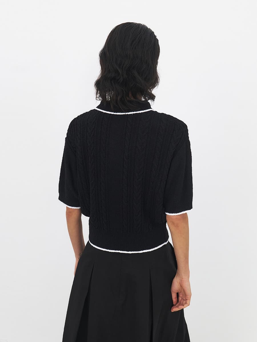 TFR PIQUE COLLAR KNIT TOP_BLACK&IVORY — vue 3
