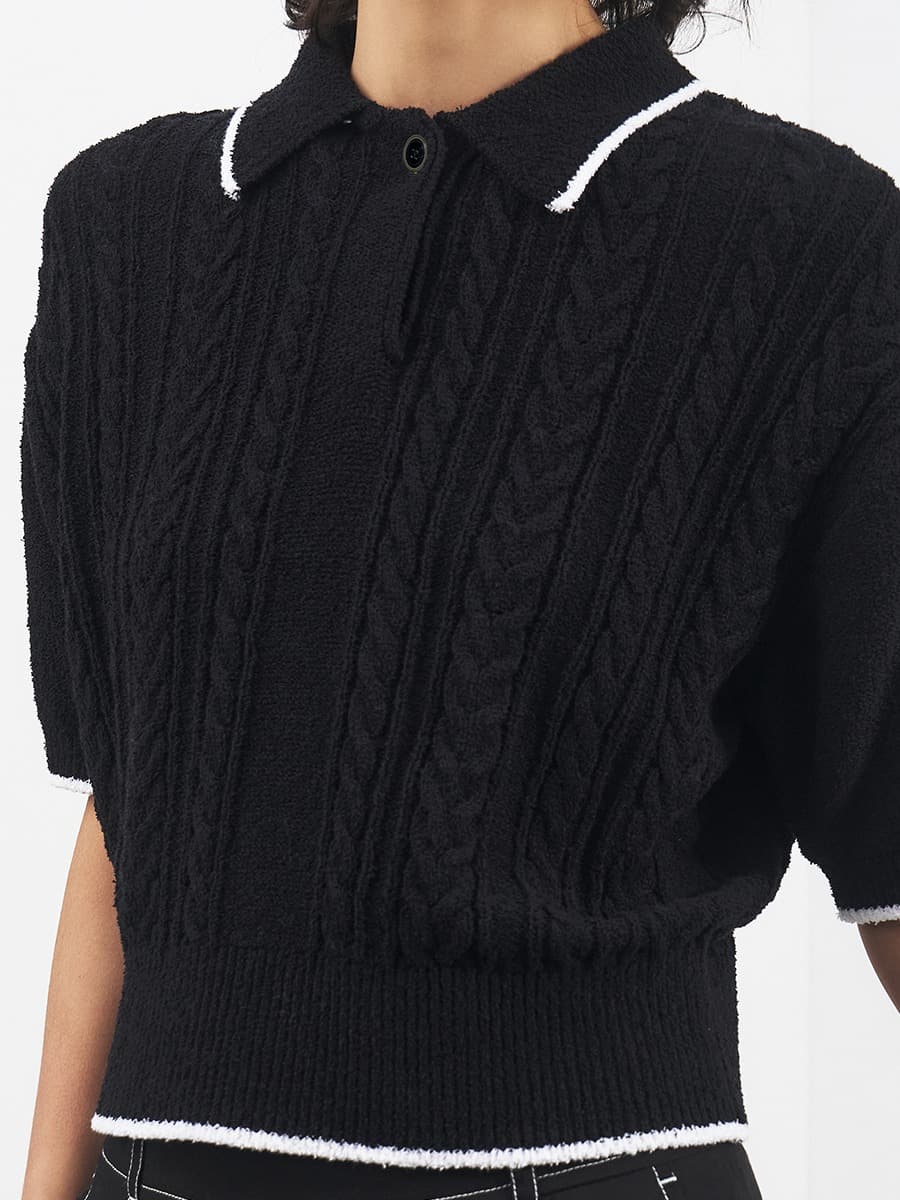 TFR PIQUE COLLAR KNIT TOP_BLACK&IVORY — vue 4