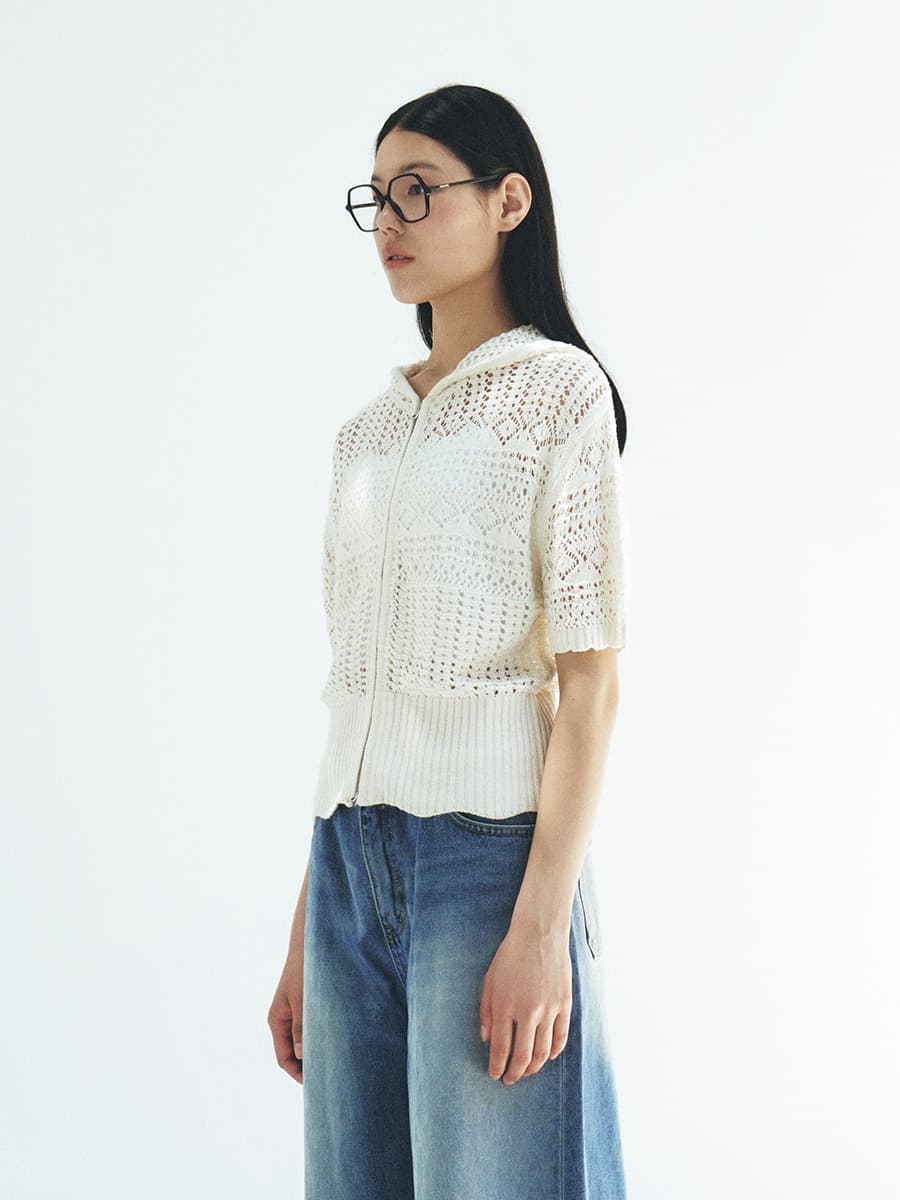 TFR CROCHET HOODED ZIP-UP KNIT TOP_WHITE — vue 2