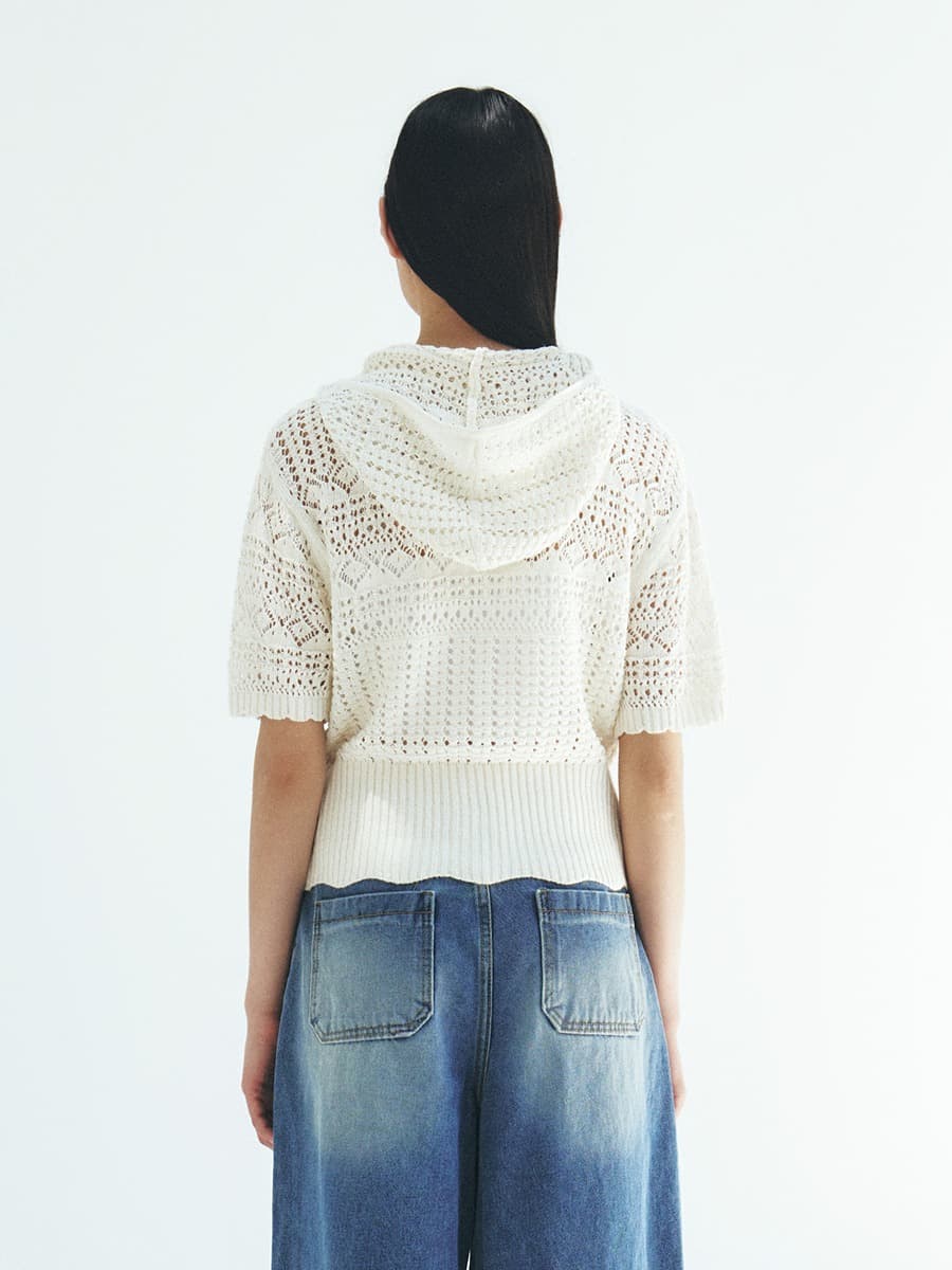 TFR CROCHET HOODED ZIP-UP KNIT TOP_WHITE — vue 3