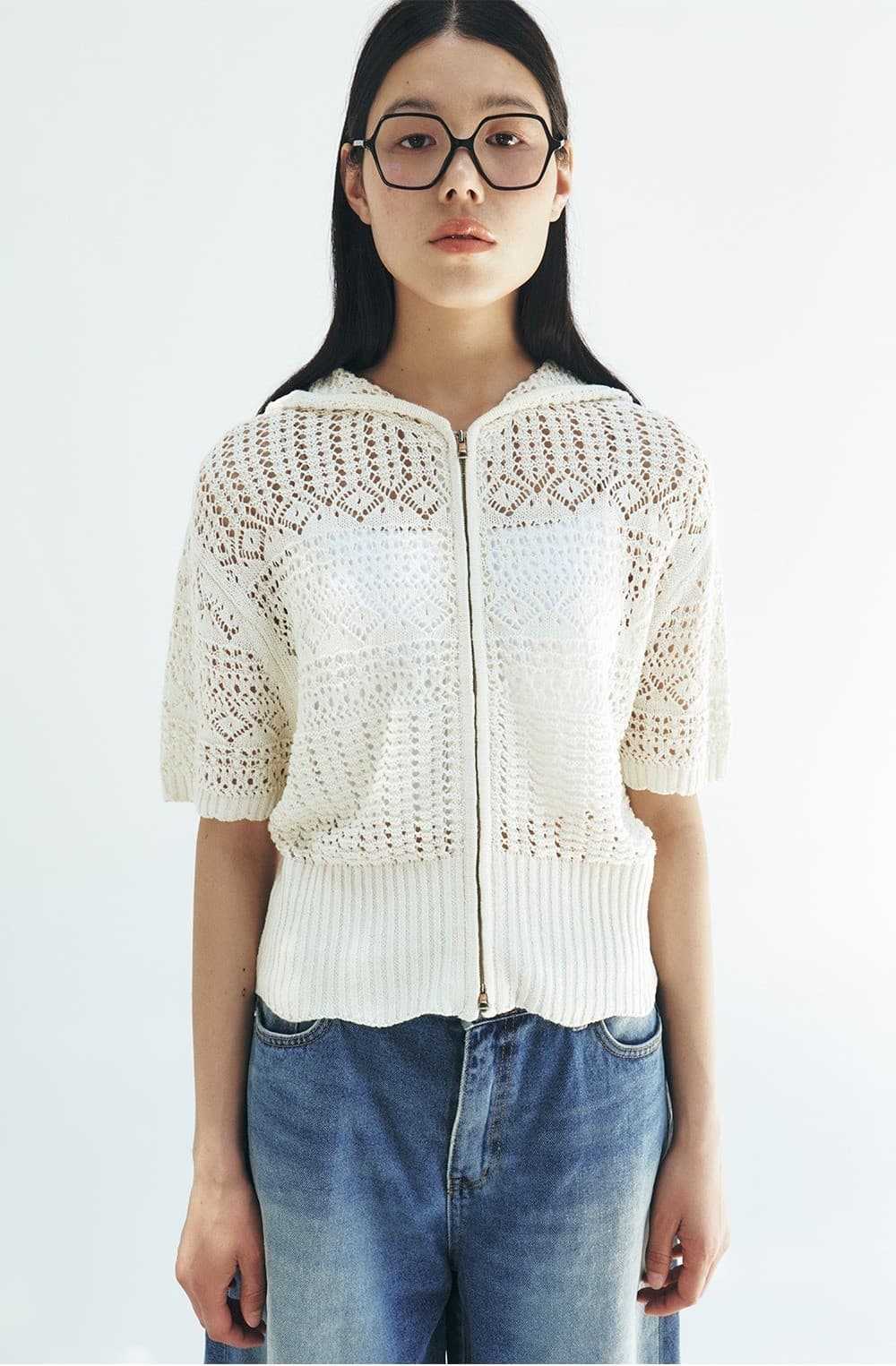 TFR CROCHET HOODED ZIP-UP KNIT TOP_WHITE — vue 5