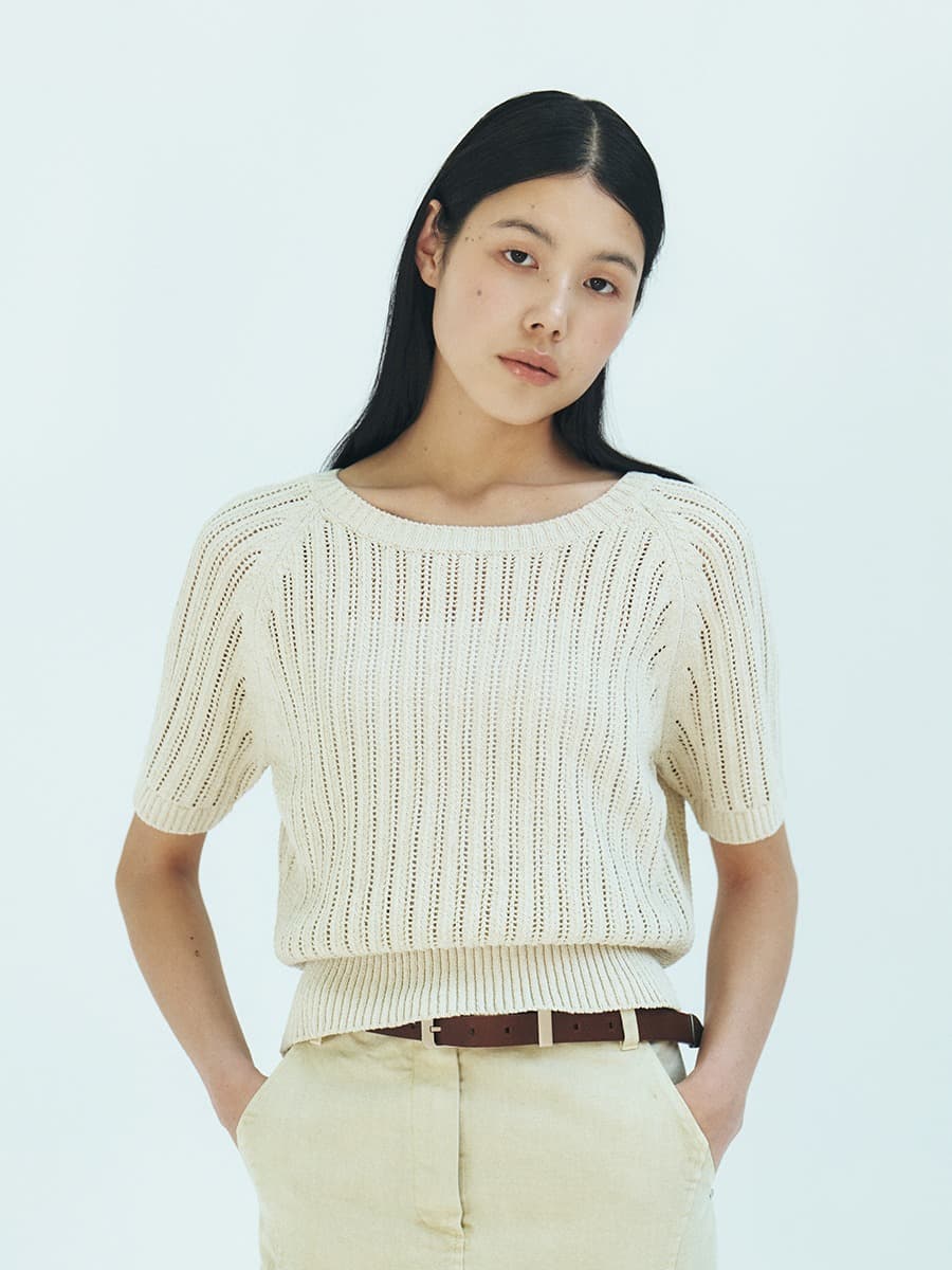 TFR ROUND NECK NETTED KNIT TOP_BEIGE — vue 4