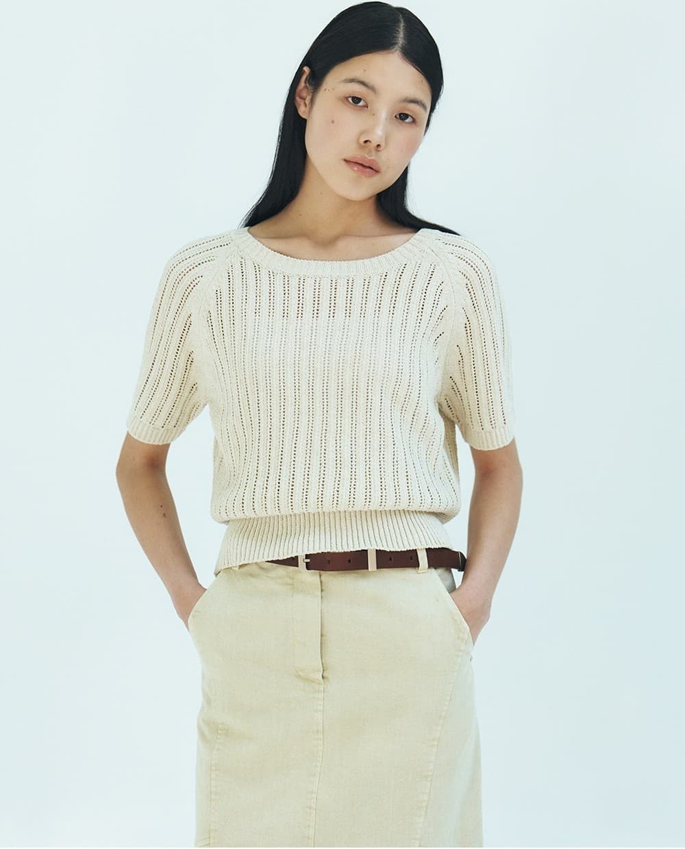 TFR ROUND NECK NETTED KNIT TOP_BEIGE — vue 7