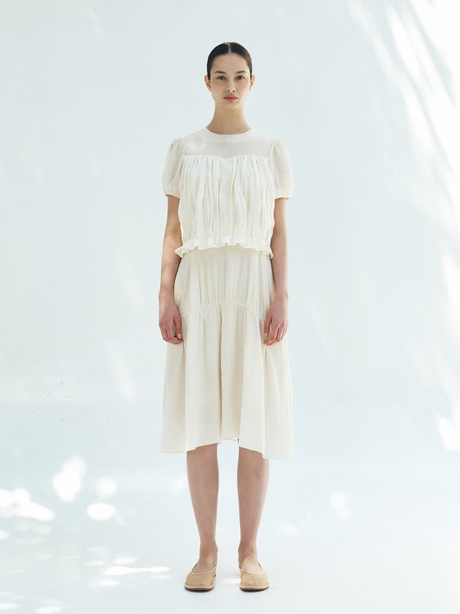 TFR SHIRRED FLARE DRESS_IVORY — vue 1