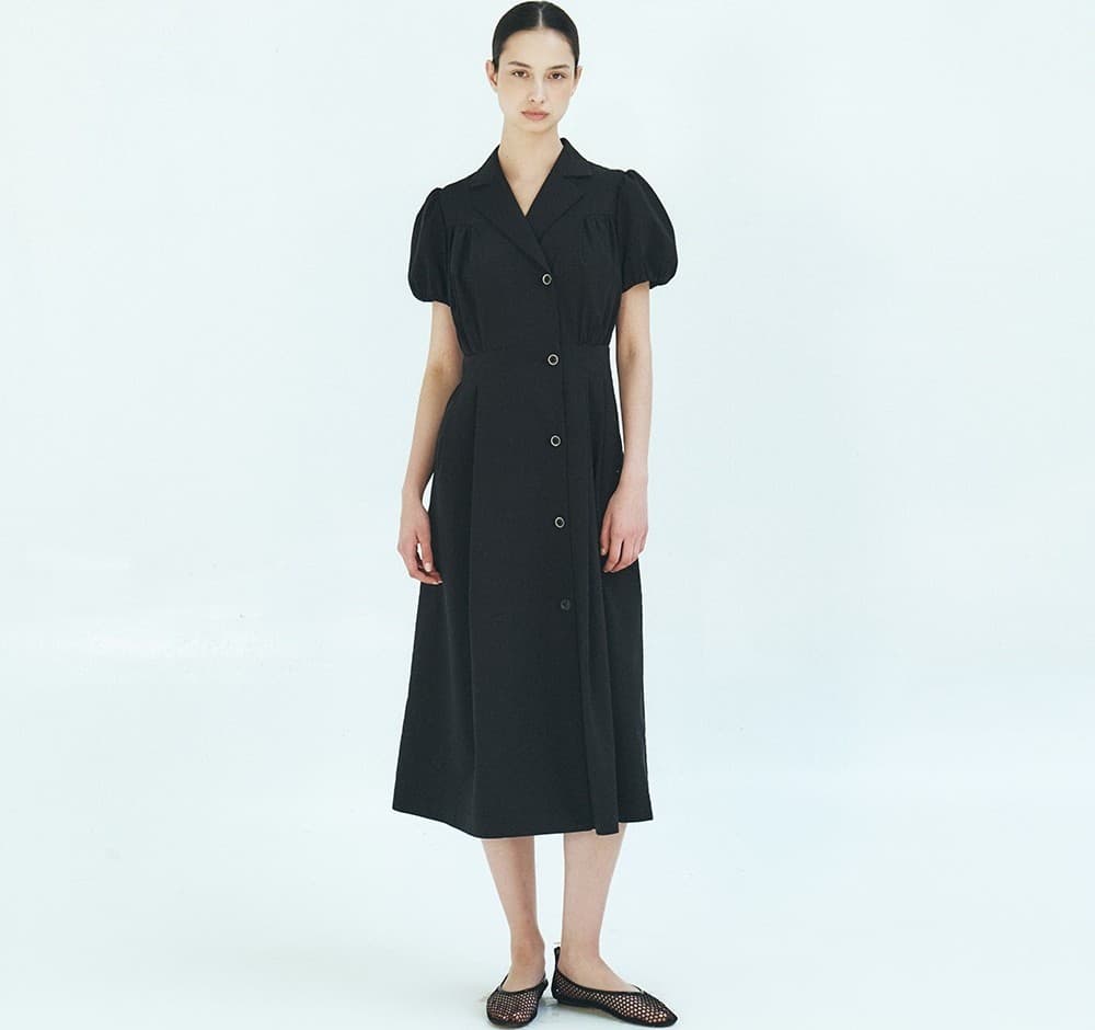 TFR DOUBLE BUTTON SHIRRING DRESS_BLACK — vue 6