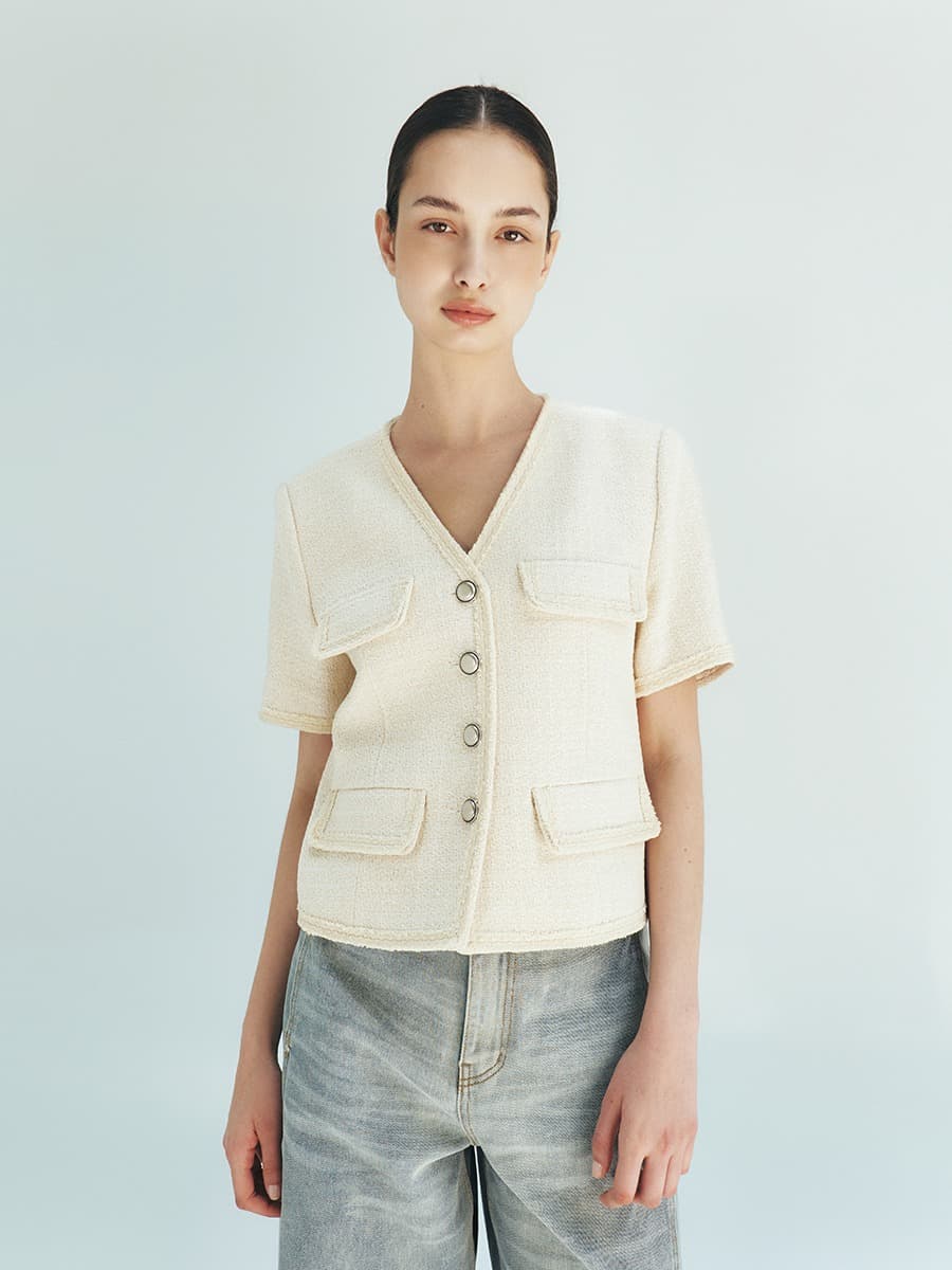 TFR 4 BUTTON TWEED JACKET_IVORY — vue 1