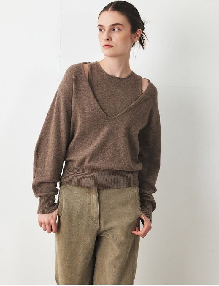 TFF DEEP V-NECK LAYERD KNIT TOP_L-BROWN — vue 4