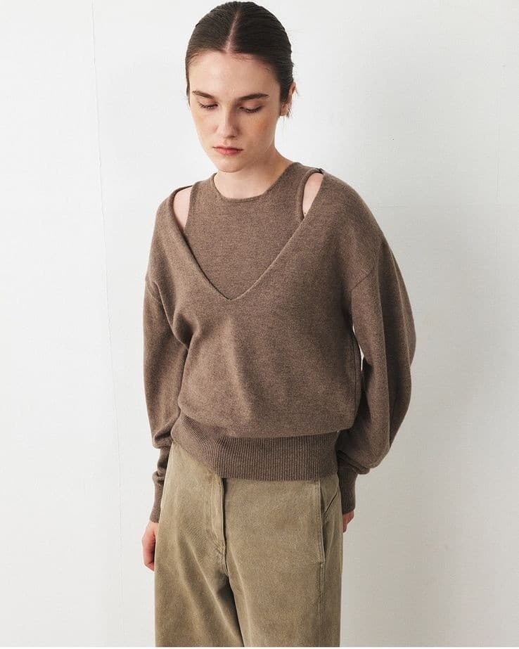 TFF DEEP V-NECK LAYERD KNIT TOP_L-BROWN — vue 5