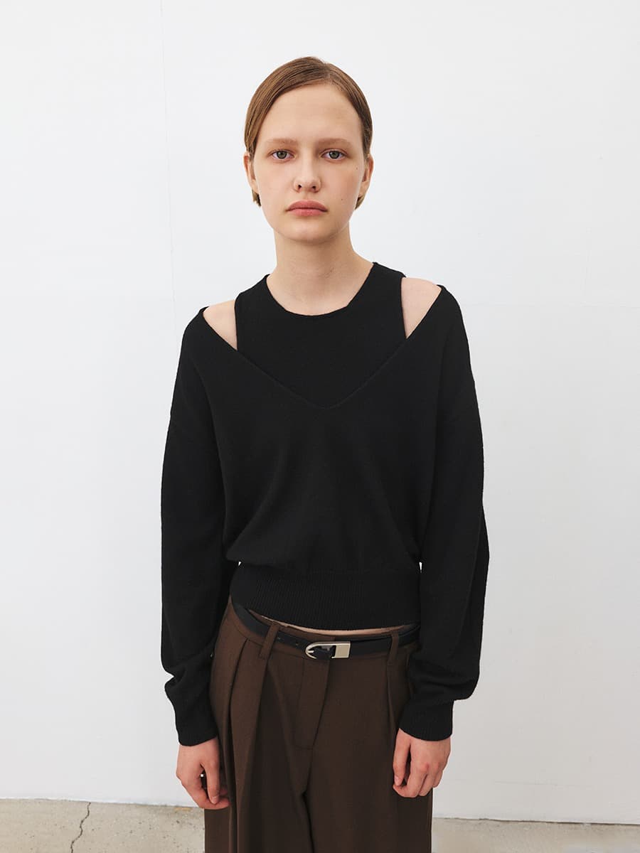 TFF DEEP V-NECK LAYERD KNIT TOP_BLACK — vue 1