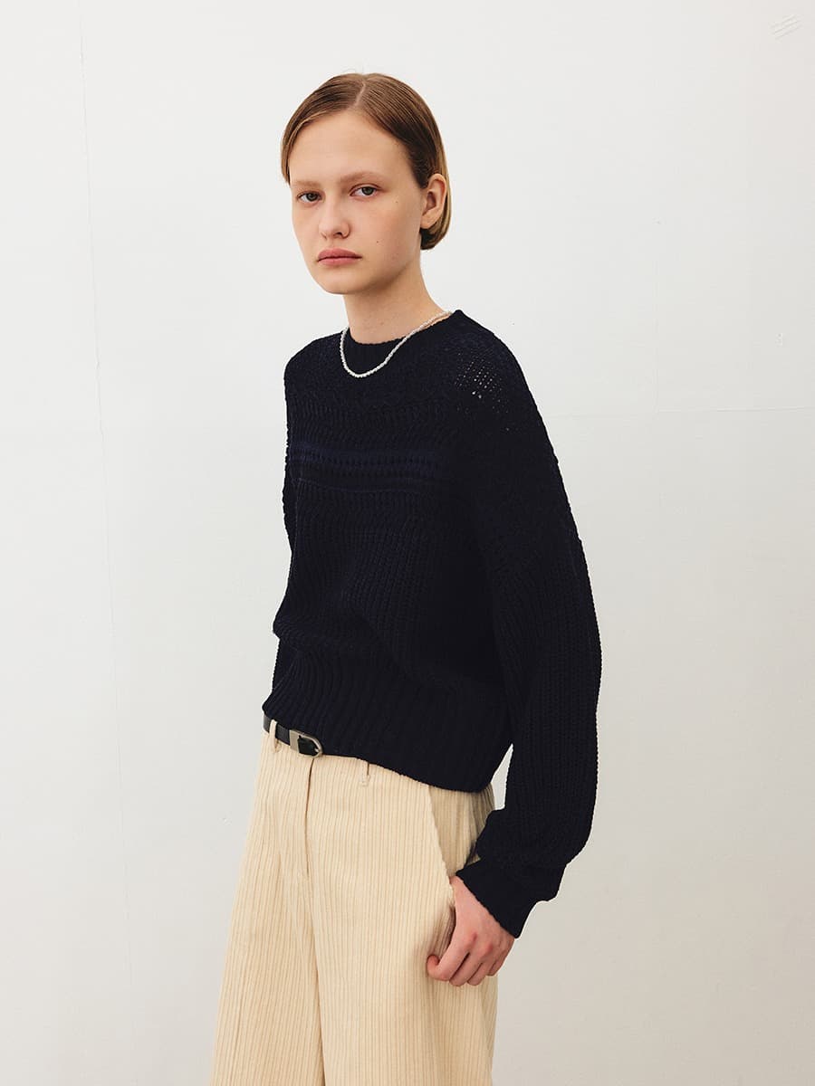 TFF CROCHET ROUND KNIT TOP_MUILT NAVY — vue 3