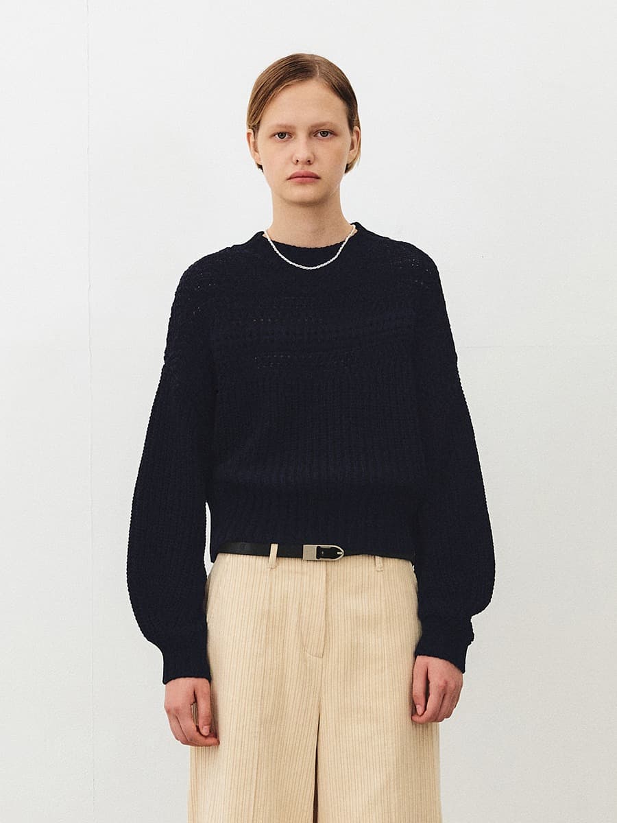 TFF CROCHET ROUND KNIT TOP_MUILT NAVY — vue 1