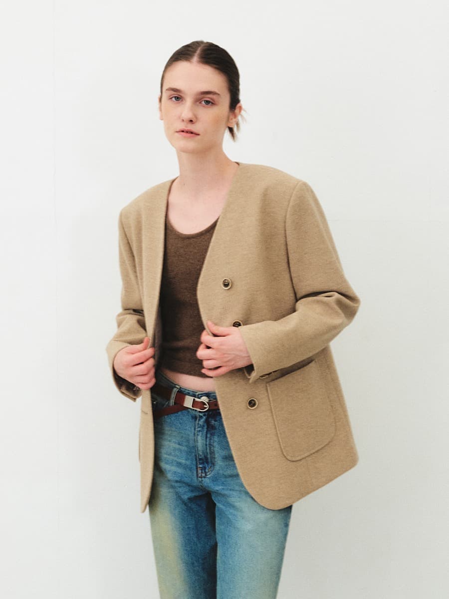 TFF COLLARLESS WOOL BLAZER_BEIGE — vue 2