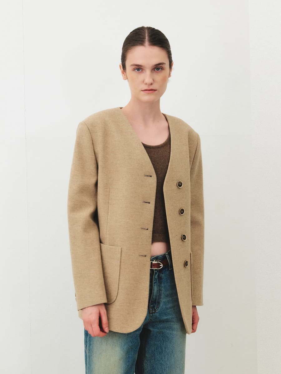 TFF COLLARLESS WOOL BLAZER_BEIGE — vue 1
