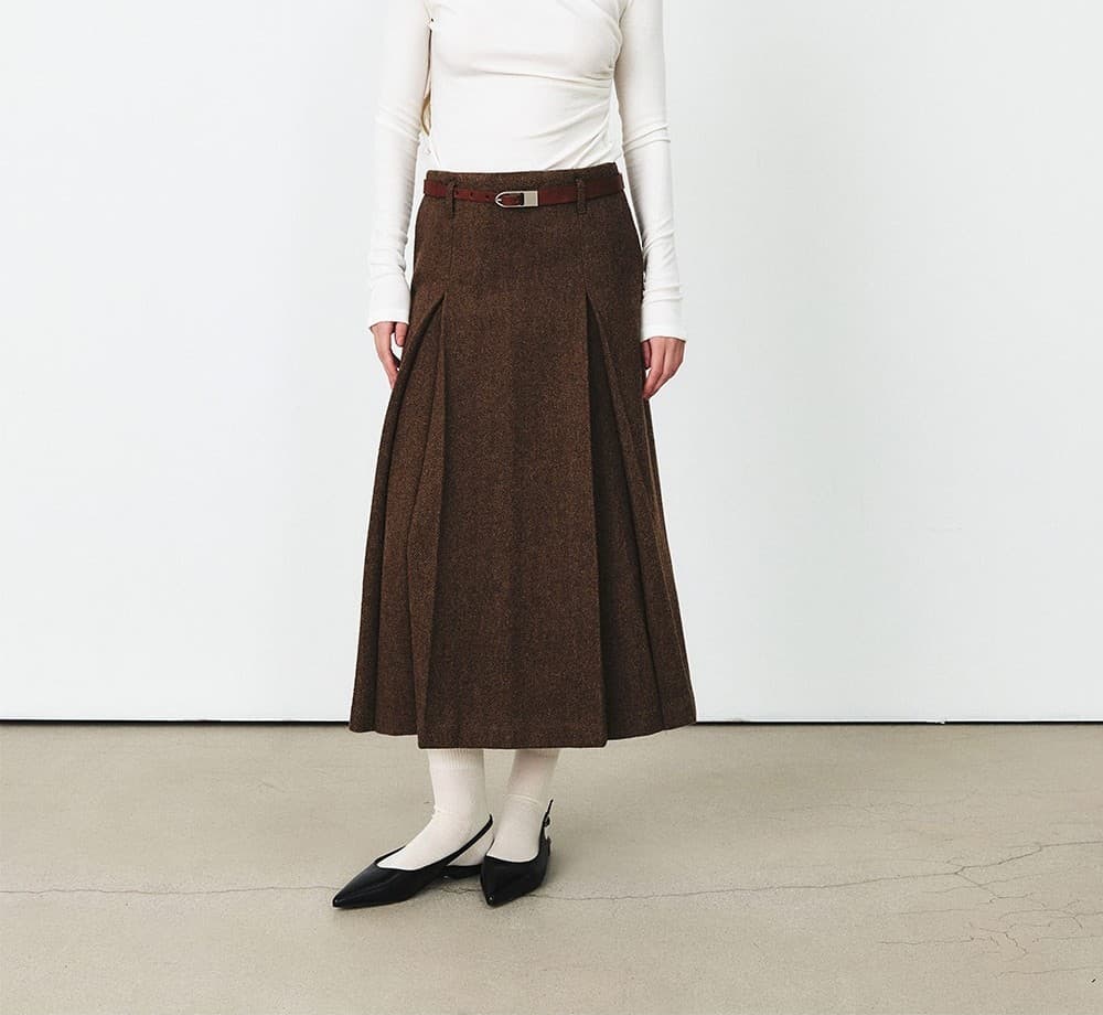 TFF HERRINGBONE WOOL TUCK SKIRT_BROWN — vue 9
