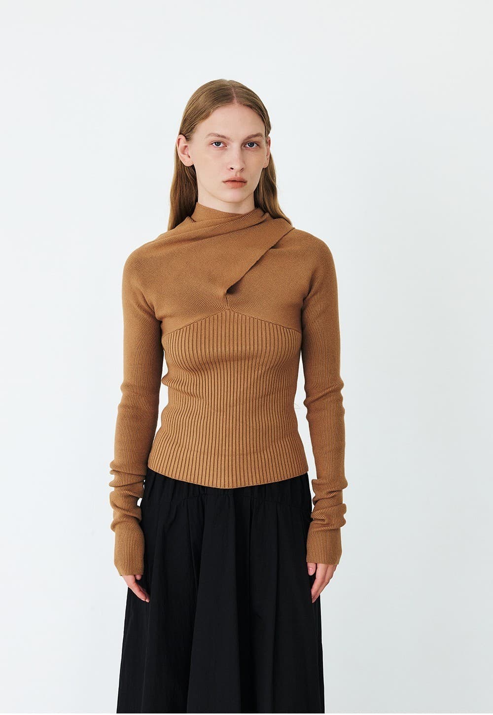 TFF DRAPED MUFFLER KNIT TOP_CAMEL — vue 7