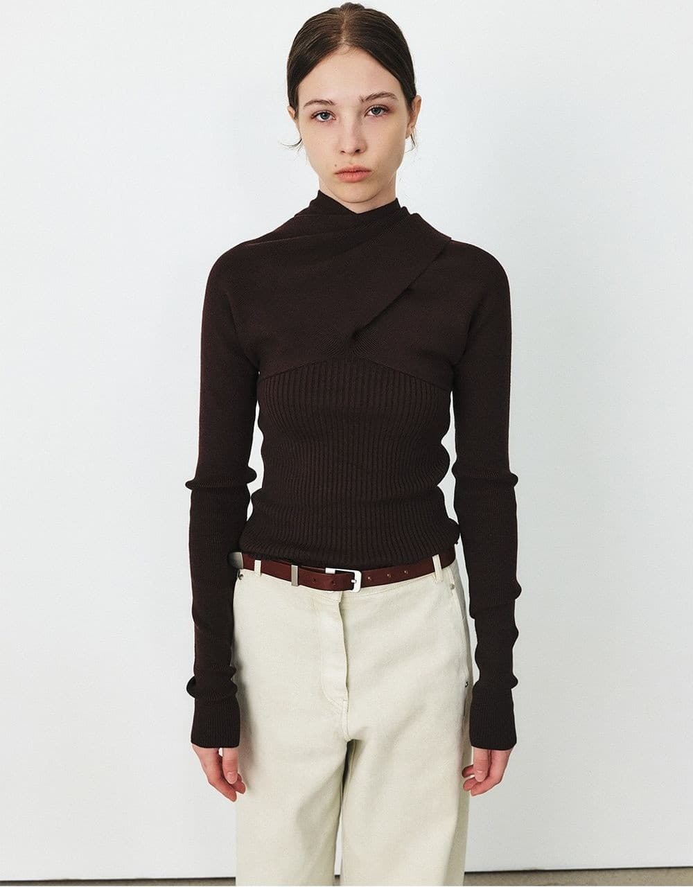 TFF DRAPED MUFFLER KNIT TOP_D-BROWN — vue 5