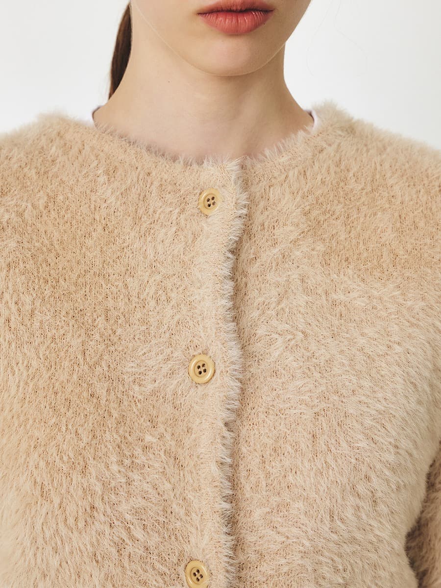 TFF FLUFFY ROUND NECK KNIT CARDIGAN_BEIGE — vue 2