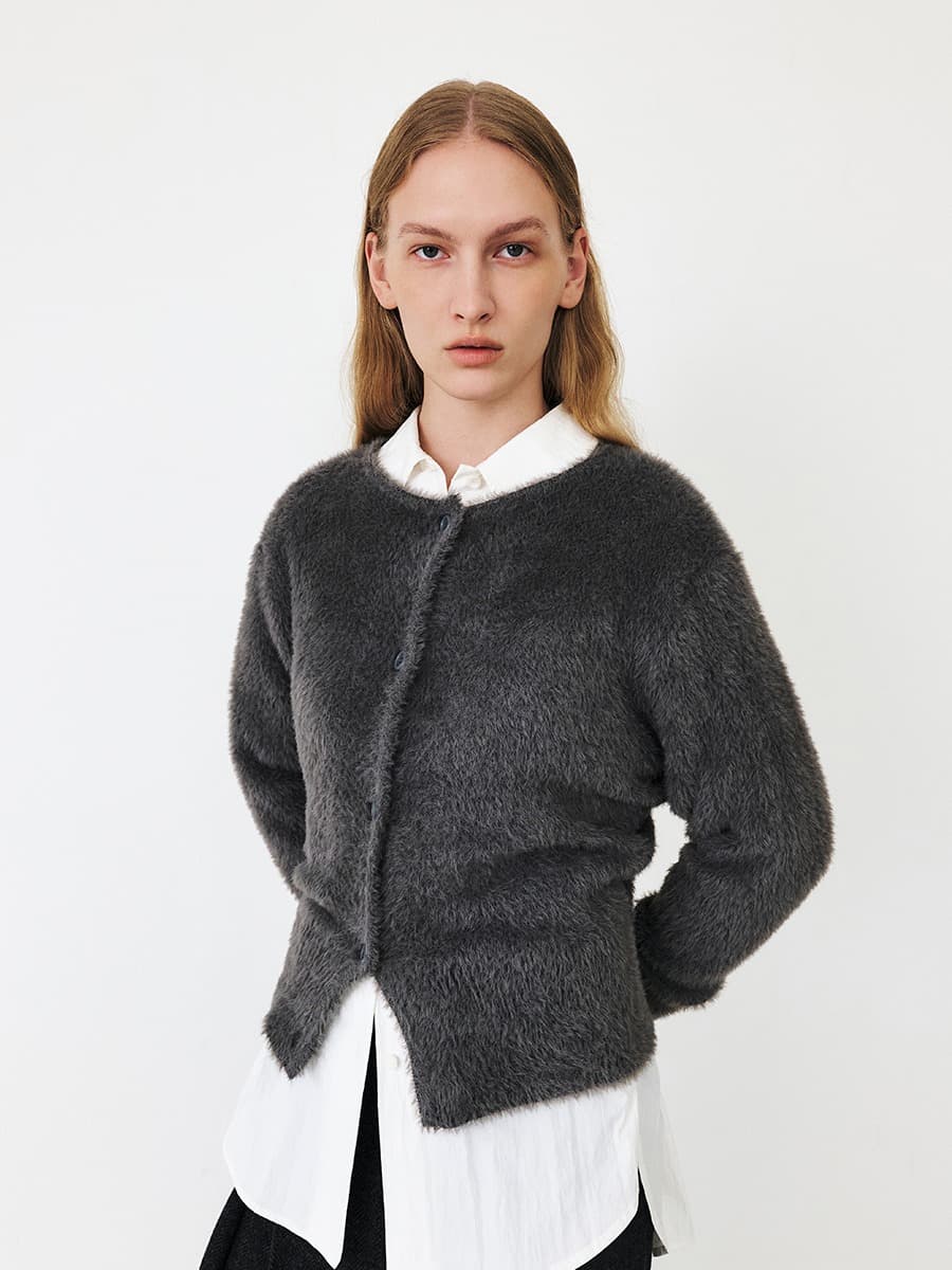 TFF FLUFFY ROUND NECK KNIT CARDIGAN_GREY — vue 2
