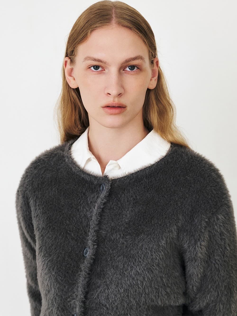 TFF FLUFFY ROUND NECK KNIT CARDIGAN_GREY — vue 9