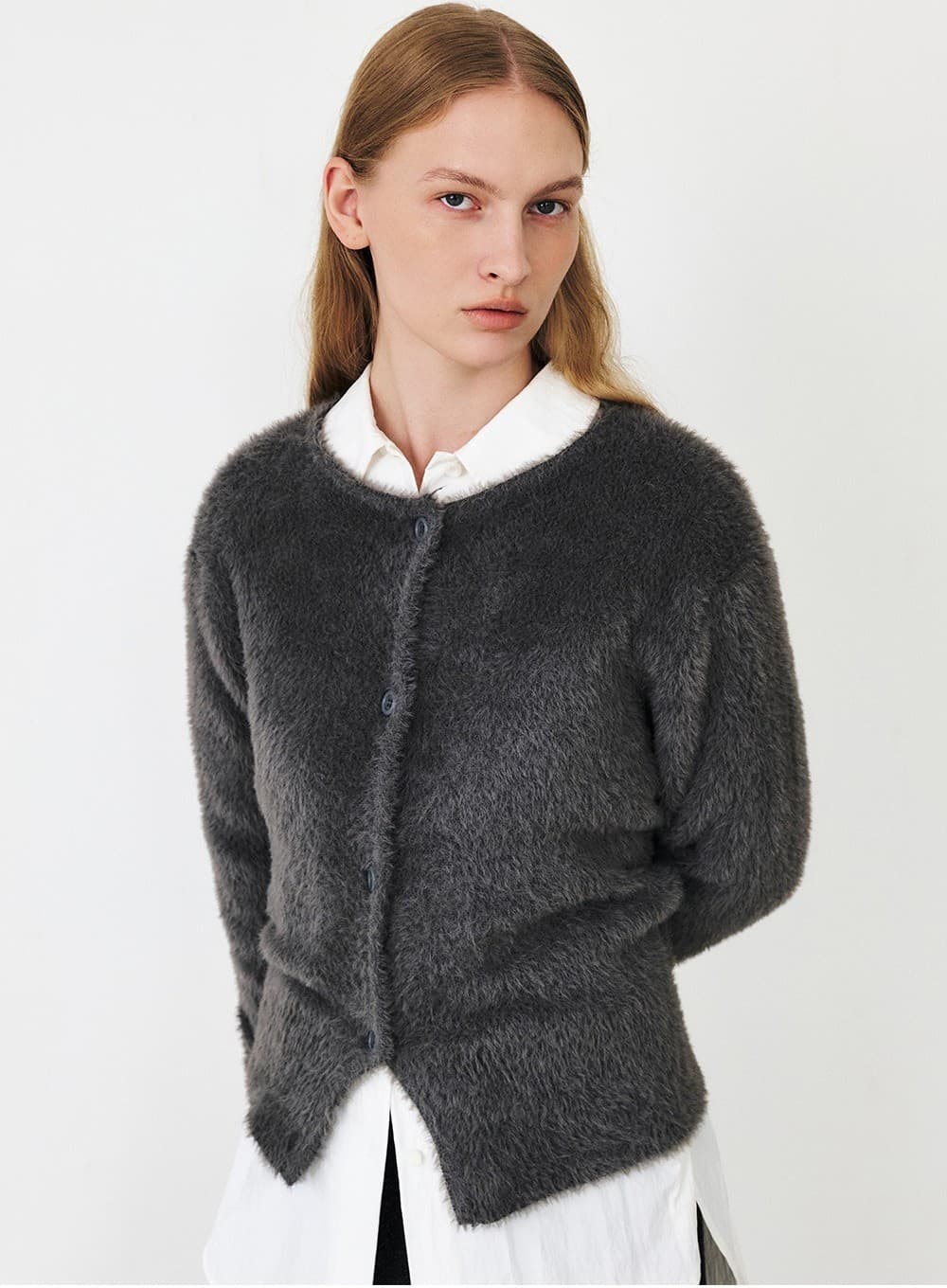 TFF FLUFFY ROUND NECK KNIT CARDIGAN_GREY — vue 10