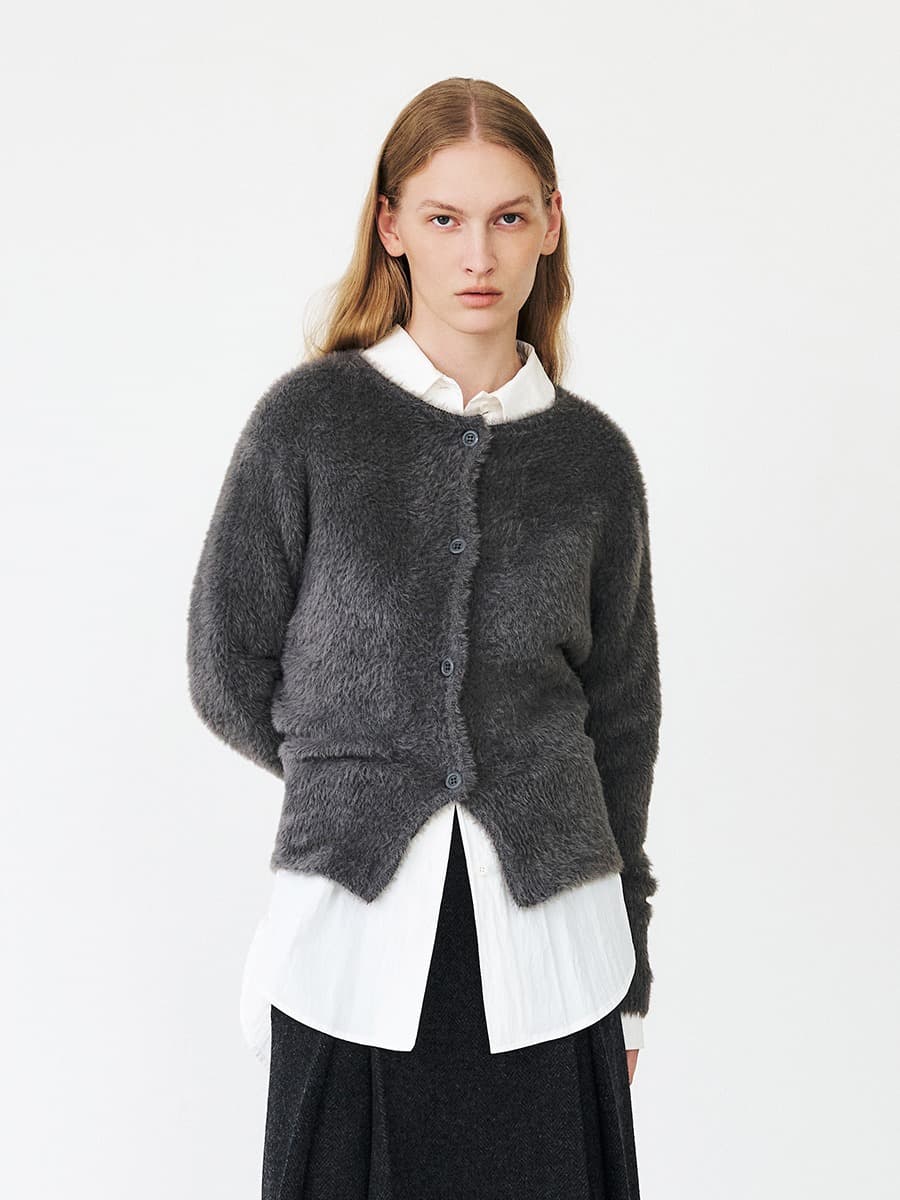 TFF FLUFFY ROUND NECK KNIT CARDIGAN_GREY — vue 1