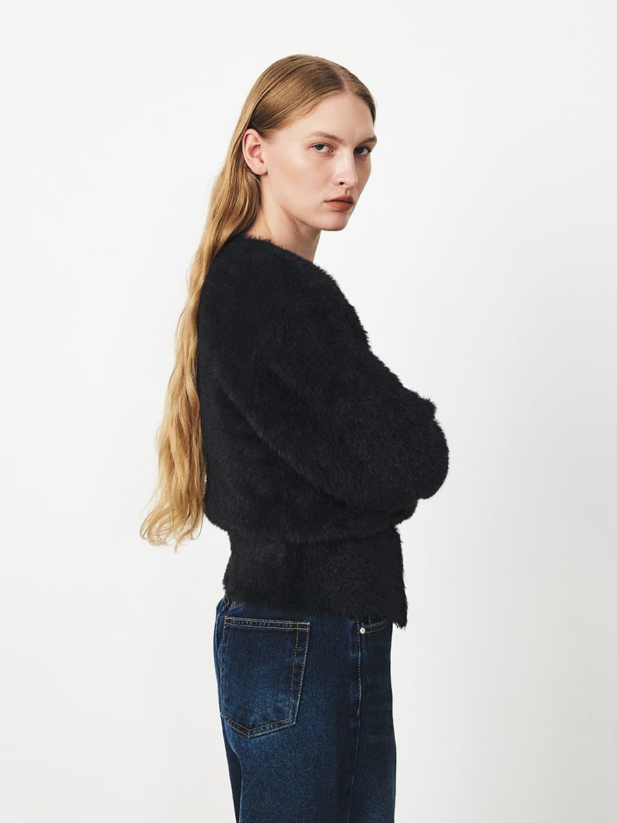 TFF FLUFFY ROUND NECK KNIT CARDIGAN_BLACK — vue 3