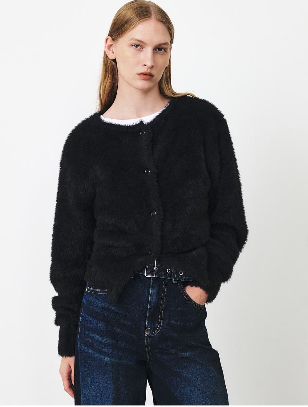 TFF FLUFFY ROUND NECK KNIT CARDIGAN_BLACK — vue 5