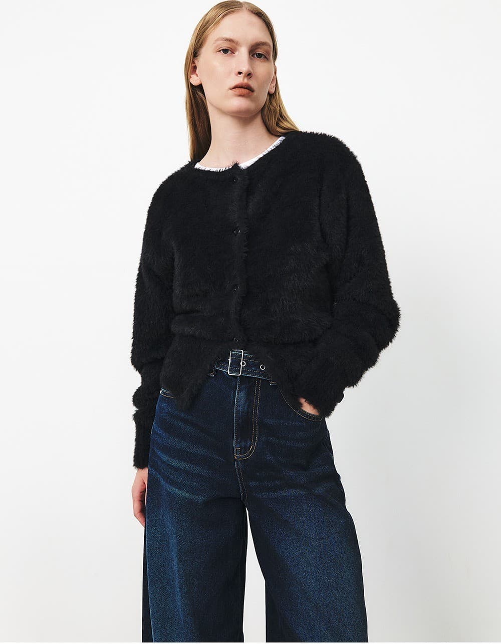 TFF FLUFFY ROUND NECK KNIT CARDIGAN_BLACK — vue 7