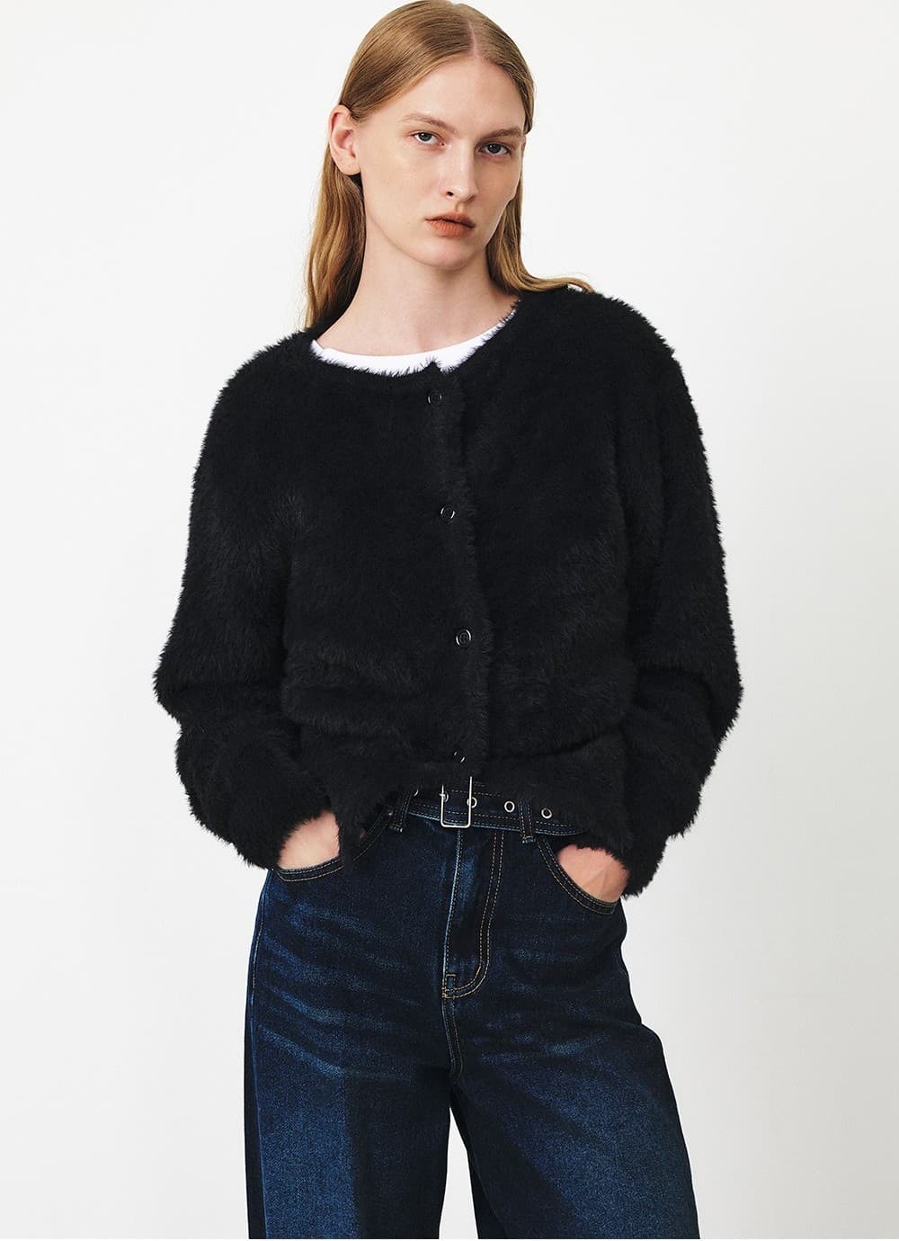 TFF FLUFFY ROUND NECK KNIT CARDIGAN_BLACK — vue 9