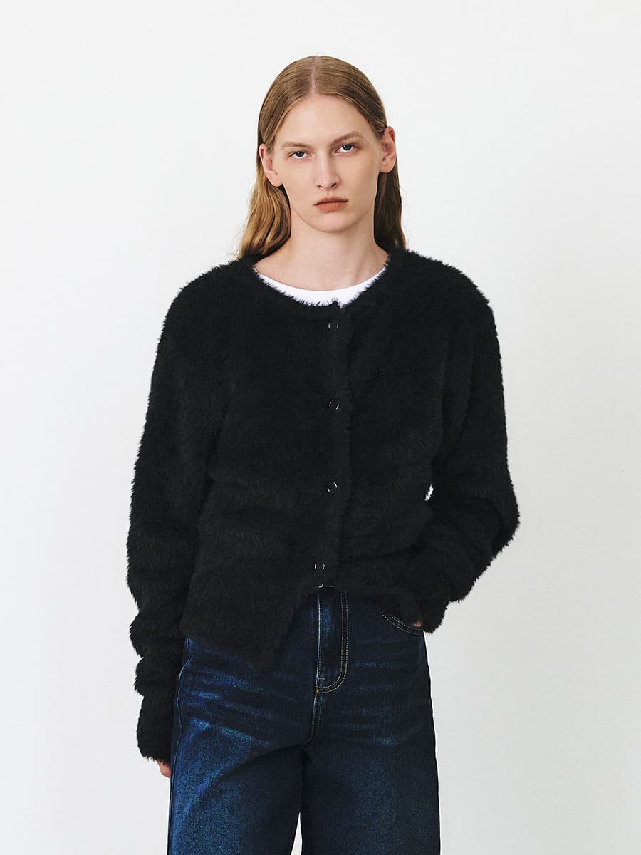 TFF FLUFFY ROUND NECK KNIT CARDIGAN_BLACK — vue 1
