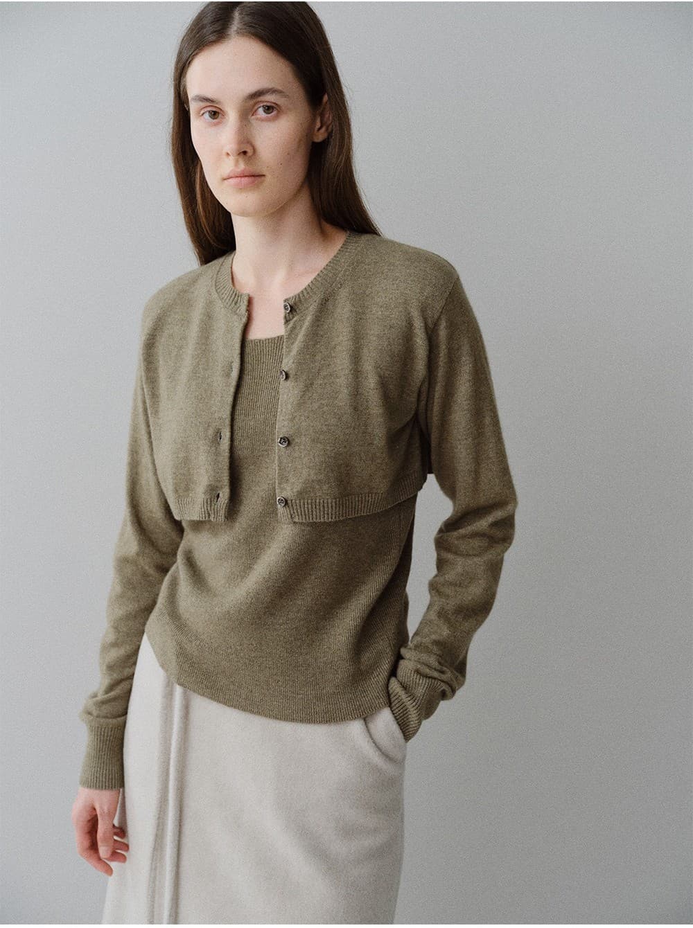 TFW CASHMERE LAYERD BOLERO KNIT CARDIGAN_KHAKI — vue 11