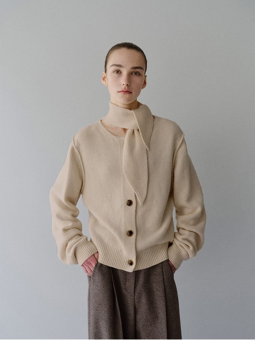 TFW CASHMERE WOOL MUFFLER KNIT CARDIGAN_OATMEAL — vue 11