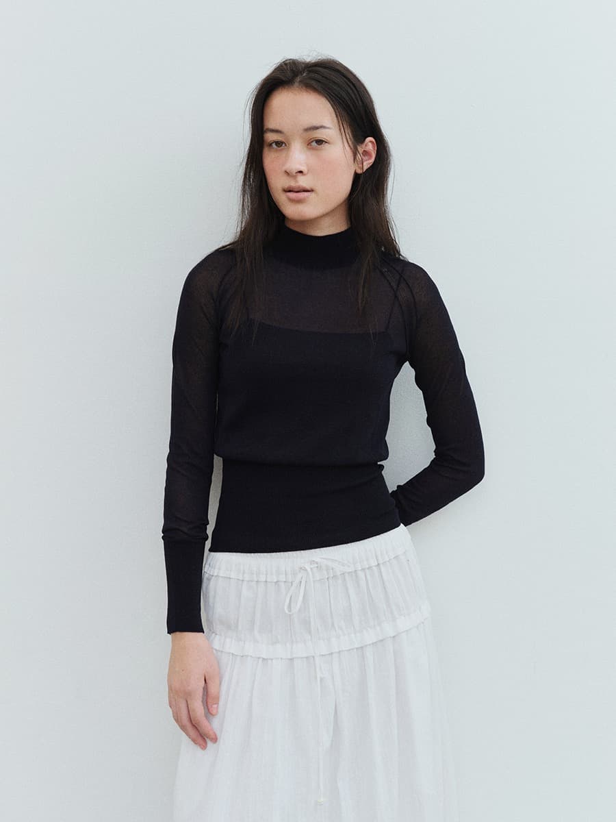 TVS MOCK NECK COTTON SHEER KNIT_DEEP NAVY — vue 1