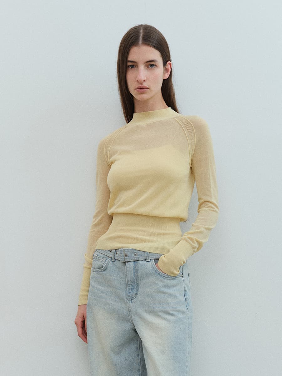 TVS MOCK NECK COTTON SHEER KNIT_Y-BEIGE — vue 2