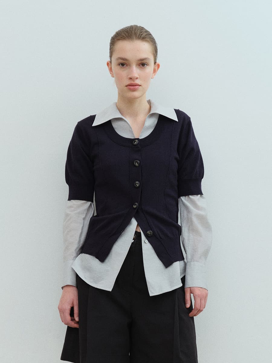 TVS HALF SLEEVE BUTTON KNIT TOP_D-NAVY — vue 1