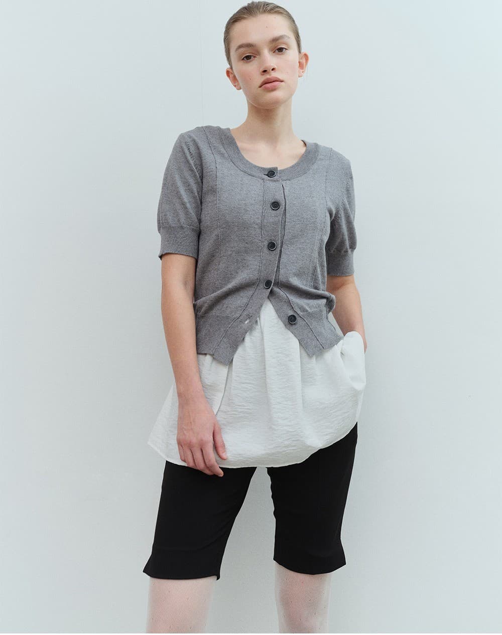 TVS HALF SLEEVE BUTTON KNIT TOP_GREY — vue 8
