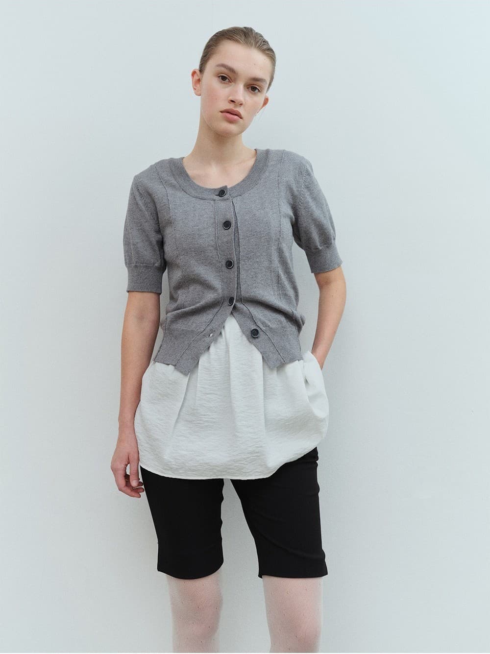 TVS HALF SLEEVE BUTTON KNIT TOP_GREY — vue 9