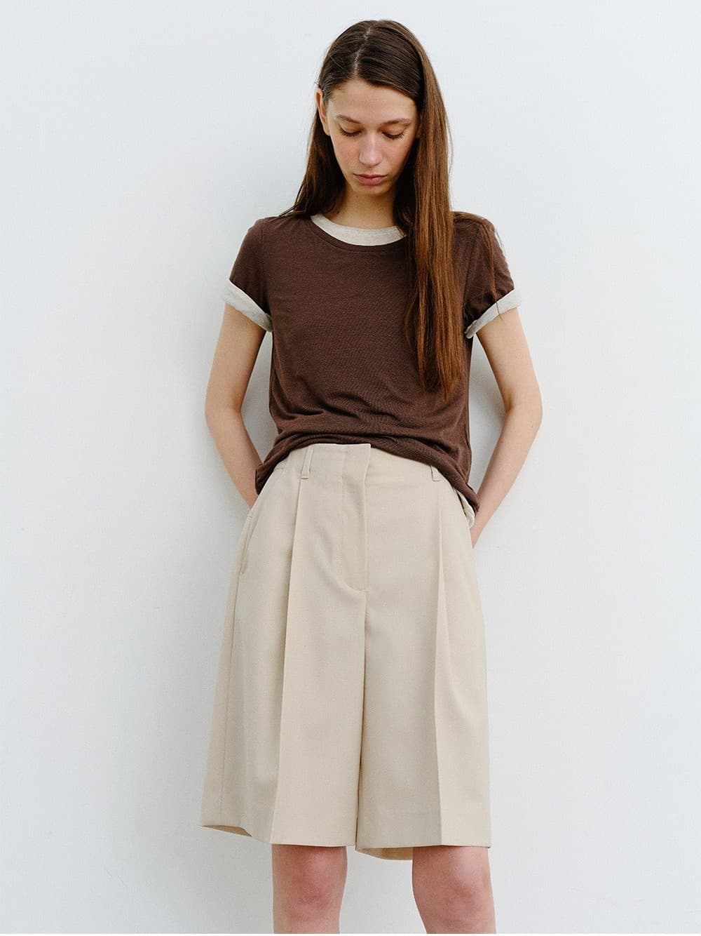 TVR WOOL ONE TUCK SHORTS PANTS_BEIGE — vue 8